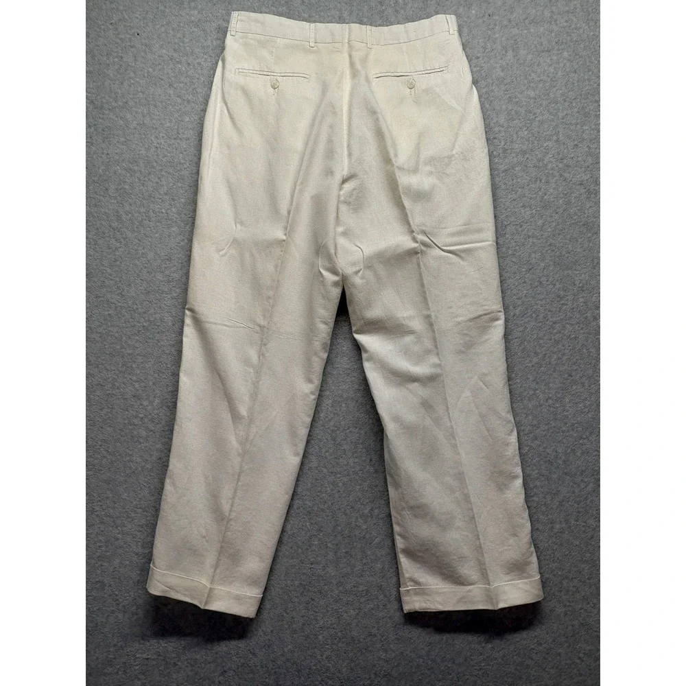 Metafuori New York Mens 36 Cream Linen Cotton Pleated Cuffed Trousers Pants